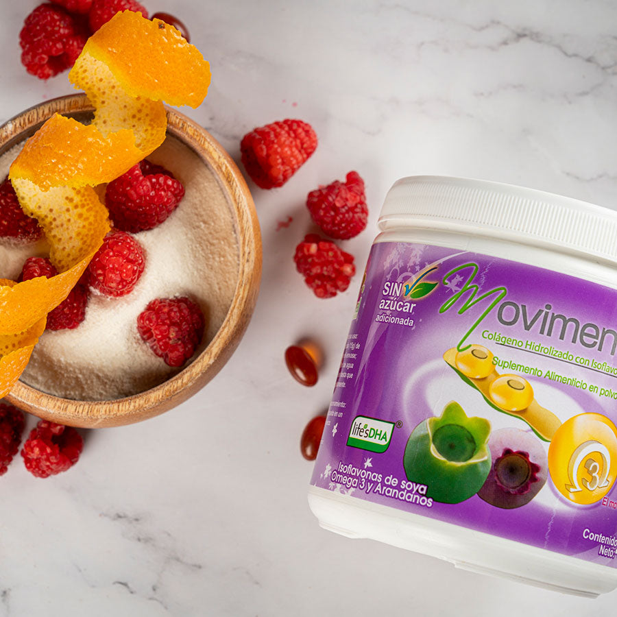 Colágeno Sin Azúcar Adicionado con isoflavonas de soya, extracto de arándanos y DHA omega 3